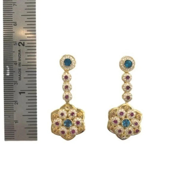 Gold Plated Sterling Silver Topaz Ruby CZ Dangle Earrings - Picture 6 of 7